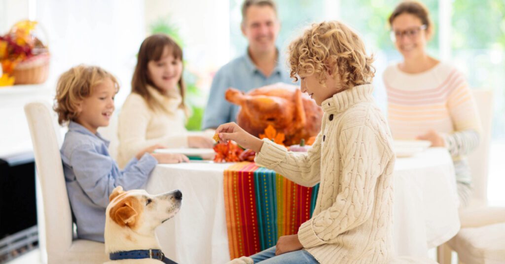 dog sitting and waiting for a treat while family sits around turkey dinner at the table